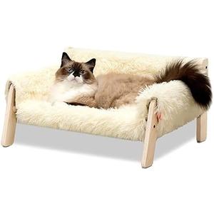 MEWOOFUN Cat Couch Bed, Pet Sofa for Indoor Cats Wooden Indoor Elevated Cat Beds with Removable Mattress Cover Suitable for Kitty, Puppy or Small Animal (Beige, Medium)