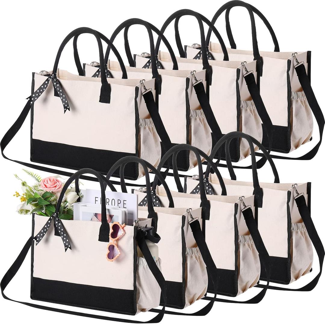 Sweetude 8 Pcs Canvas Tote Bag Shoulder Strap Black White Canvas Bag Zipper Opening Pockets Grocery Tote for Women Gift DIY