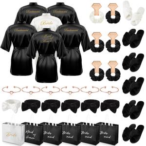 36 Pcs Bride Bridesmaid Robes Set of 6 Bridal Party Silk Satin Robes for Wedding Bachelorette Party Gifts(White,Black)