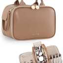 Prite Makeup Bag for Women, Large Capacity Waterproof Travel Cosmetic Organizer, Portable Open Flat Toiletry Bag with Free-standing Brush Holder and Handle(Brown Large)