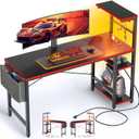 Bestier Gaming Desk with Power Outlets, 44 Inch Led Gamer Desk with 4 Tiers Reversible Shelves, PC Gaming Table with Headset Hook & Side Storage Bag for Bedroom (Black 3D Carbon Fiber)