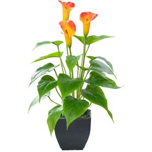 Artificial Flower Plants Calla Lily Faux Small Potted Plant with Black Pot Fake Bonsai Flower for Home, Office, Indoor and Outdoor Occasions Decor (Orange Fake Flower)