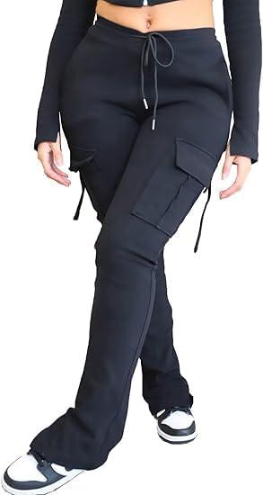 Molisry Women's Flare Cargo Sweatpants Casual High Waisted Split Stacked Leggings Workout Joggers with Pockets (XX-Large, 2black)