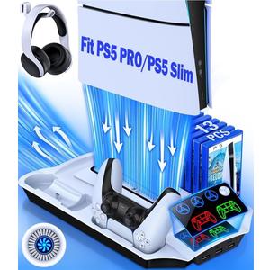 PS5 Slim Stand and Turbo Cooling Station with Controllers Charger Station for Playstation 5, PS5 Pro Console Accessories with 3 Levels Cooling Fan 13-Game Organizer Headset Holder for PS5 Digital/Disc