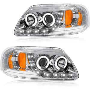 LED DRL Headlight Assembly, Fit 1997-2003 Ford F150/ 2004 Ford F150 Heritage/97-99 Ford F250 Light Duty/97-02 Ford Expedition Projector Pair of Left & Right Side Chrome Housing Amber Reflector