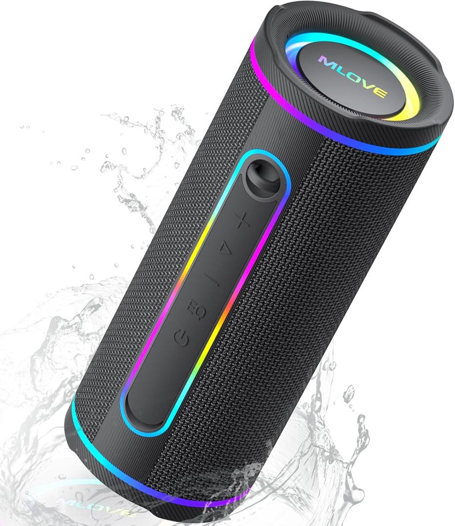 MLOVE E80 Speakers Bluetooth Wireless, Portable Bluetooth Speaker with Aux Input, Micro SD Card Slot, Bass Up, TWS, RGB Lights, IPX7 Waterproof, BT5.4 for Outdoor, Car Music, Beach, Gifts, 30W, Black