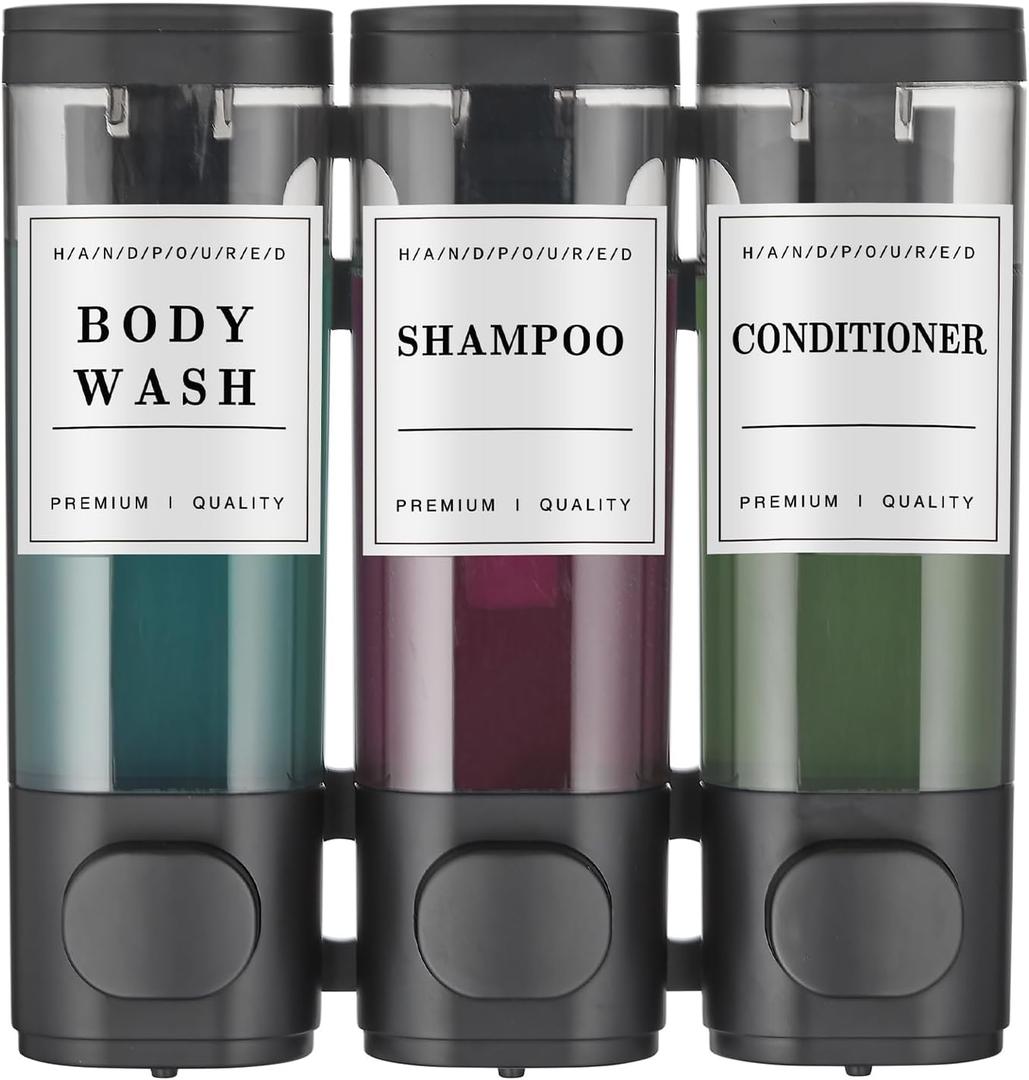 Shampoo and Conditioner Dispenser Shower Dispenser Body Wash Wall Mounted Shampoo Dispenser for Shower Wall No Drill for Bathroom Hotel 3 Chamber x 300ml Black with Waterproof Labels
