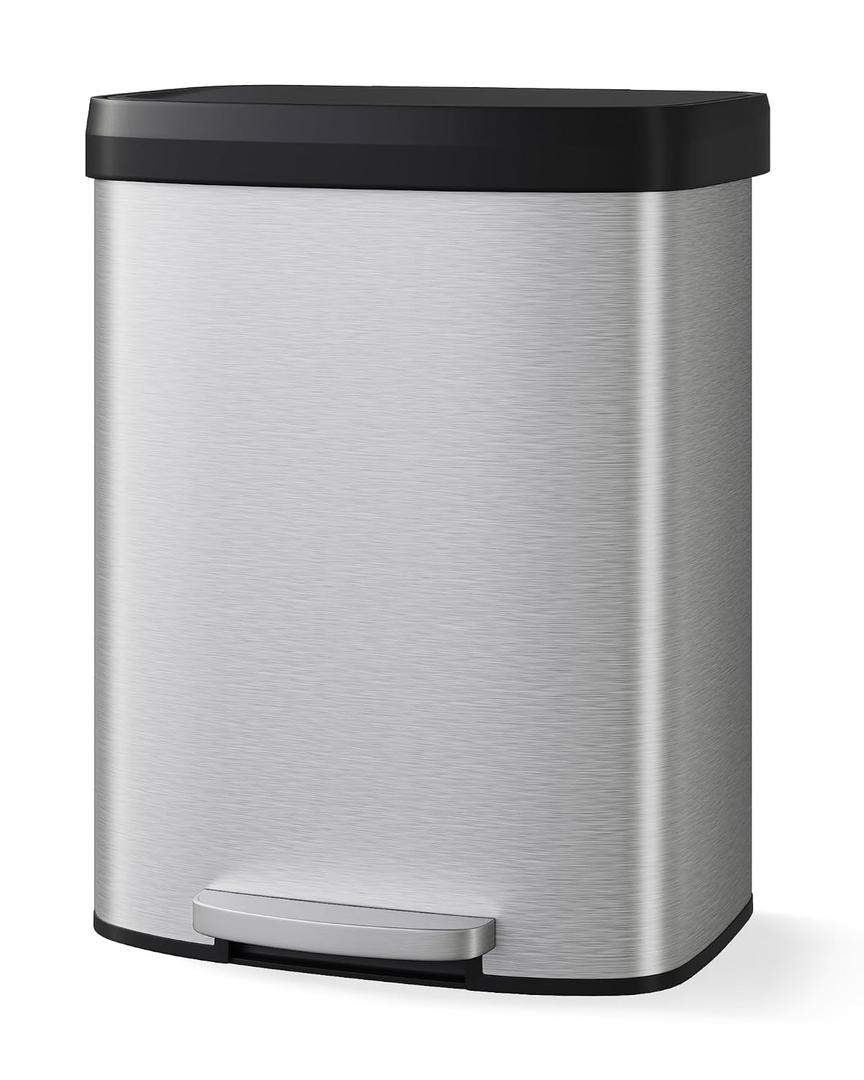 Garvee 16 gal / 60 L Stainless Steel Trash Can with Lid, Large Garbage Can for Kitchen, Rustproof Step-on Kitchen Metal Trash Bin with Liner Rim, Rear Handle, Soft Close Plastic Lid, Silver