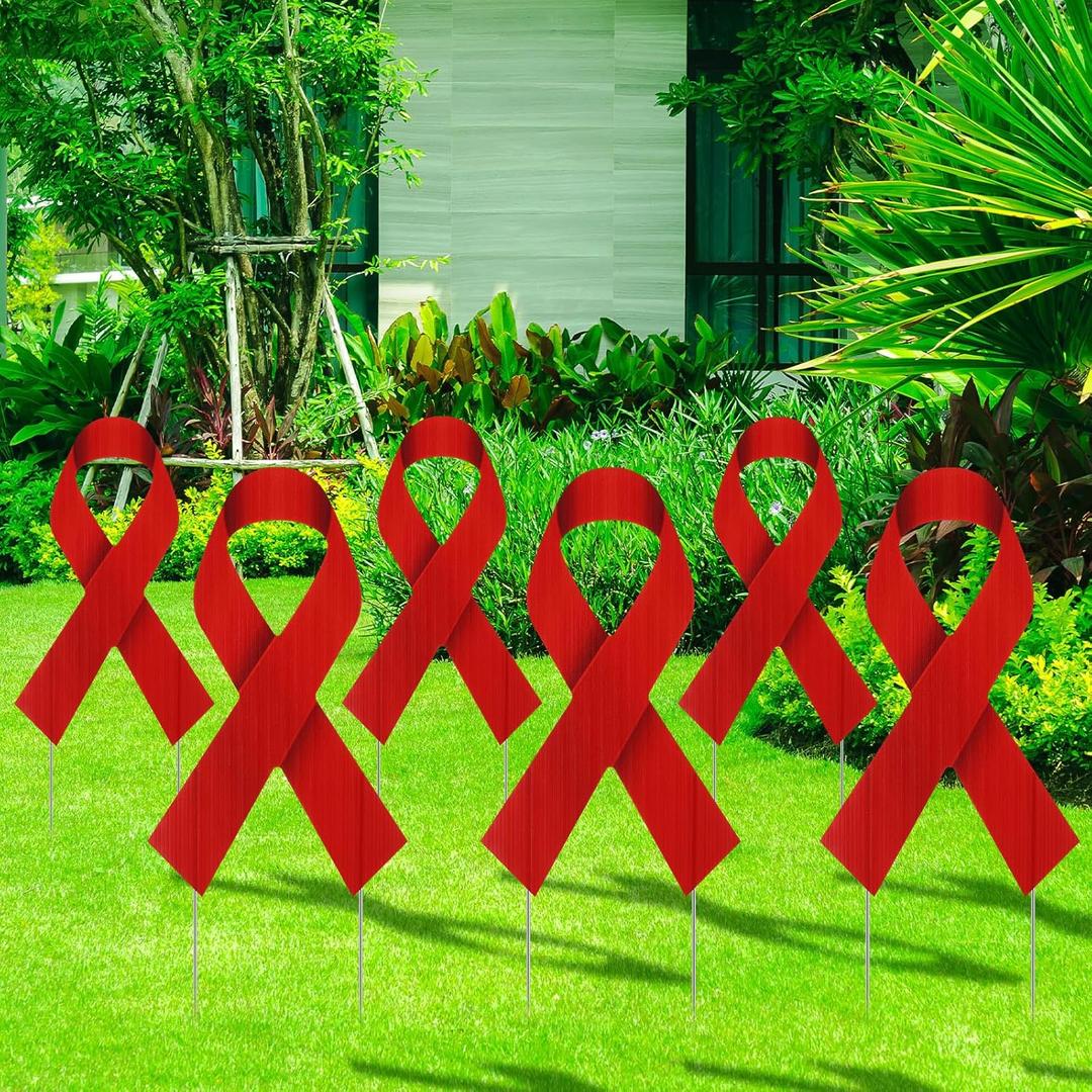 Drydiet 6 Pcs Ribbon Awareness Yard Signs with Metal Stakes 14 Ribbon Health Awareness Lawn Stakes Waterproof Patio Sign for Outdoor Garden Church(Red)