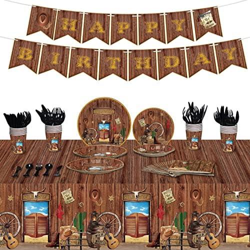 172 Pcs Western Party Supplies Serves 24, Include Cowboy Tablecloth Happy Birthday Banner, Plates and Napkins Tableware Set for Western Cowboy Theme Wild West Decorations