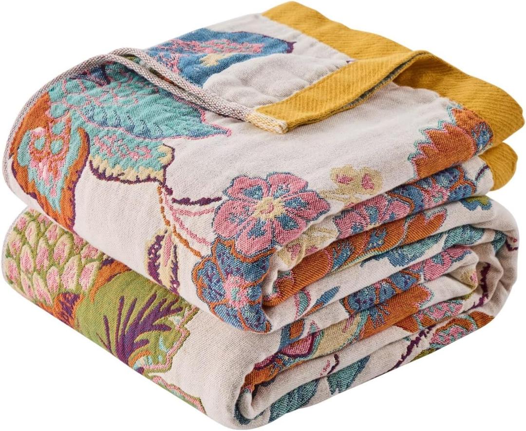 Boho Throw Blanket Reversible Muslin Bohemian Tapestry, Flower Decorated Bohemian Sofa,Couch Cover, Lightweight 100% Cotton Throw Blankets, Rustic Boho Quilt Blanket,Bedspread, 50"x60"