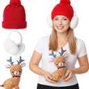 Shihanee 3 Pcs Winter Hat Ear Warmer and Deer Stuffed, Warm Knit Beanie Hat Foldable Ear Warmer Deer Plush Set Winter Gifts for Women