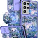 Buleens for Samsung Galaxy S21 Ultra Case 6.8 Inch - with Ring Stand & Camera Cover Aesthetic Cute Designed Women Girls Girly Blue Water Lily for Samsung S21 Ultra 5G Case Compatible with Magsafe