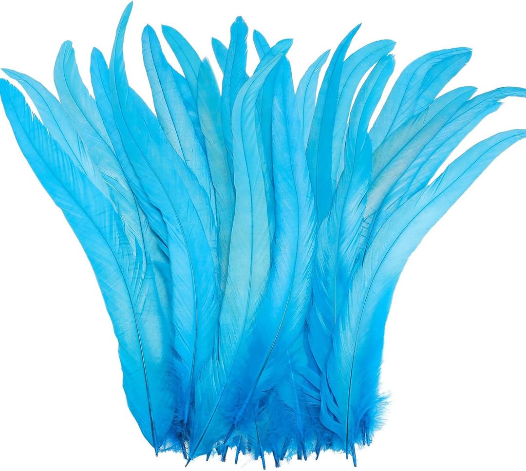 Yuxung 100 Pcs Nature Rooster Tail Feathers 12-14 Inch Bulk Natural Long Rooster Tail Feathers for DIY Crafts Costume Mardi Gras Party Performances Carnival Decoration (Blue)