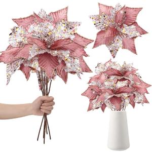 Hotop 6 Pcs Christmas Glitter Poinsettia Flowers 11 Inch Long Stem Artificial Christmas Tree Poinsettia Decorations Artificial Fake Poinsettia Flowers for Xmas Tree Ornaments Wedding Holiday (Pink)