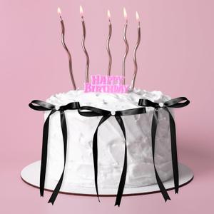 Riceshoot 6 Pcs Black Bow Ribbon and Pearl Cake Topper, 5x7 Vintage Cupcake Decorating for Coquette Themed Party, Bridal Party Decoration, Birthday Valentine Candle Accessory, Engagement Dessert Decor