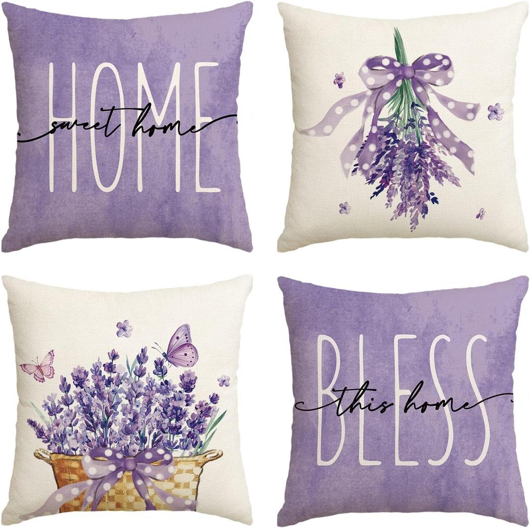 AVOIN colorlife Lavender Home Sweet Home Bless This Home Spring Throw Pillow Covers, 16 x 16 Inch Purple Cushion Case for Sofa Couch Set of 4