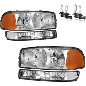 Headlights Assembly for 99-07 GMC Sierra, Compatible with 99-06 GMC Yukon Headlamp Replacement Chrome Housing Driver & Passenger Side (Polished Chrome | With High & Low Beam Bulbs)