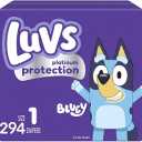 Luvs Size 1 Baby Diapers, Platinum Protection Bluey Diapers for Day & Night,Size 1 (8-14 lbs), 294 Count