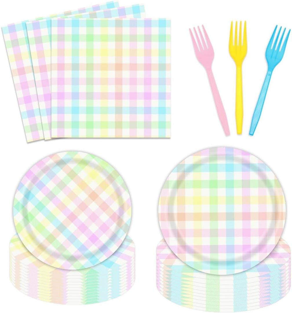 Vanulus 96PCS Easter Plaid Paper Plates Dinnerware Set Spring Coloring Checkered Party Supplies Gradient Colorful Checkered Rainbow Pastel Party Decorations Complete Set of 24 Disposable Tableware