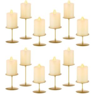 Pillar Candle Holders Candelabra Gold - Set of 12 Bulk Candle Stand Iron Plate Minimalism Modern Home Mantel Dinning Table Decorations Centerpiece for Wedding, Party, Housewarming, Events