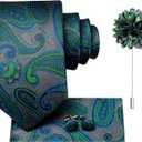 Hi-Tie Mens Silk Ties and Flower Lapel Pin Pocket Square Cufflinks Set 4PCS Necktie for Wedding Business (Green Blue Gray Paisley)