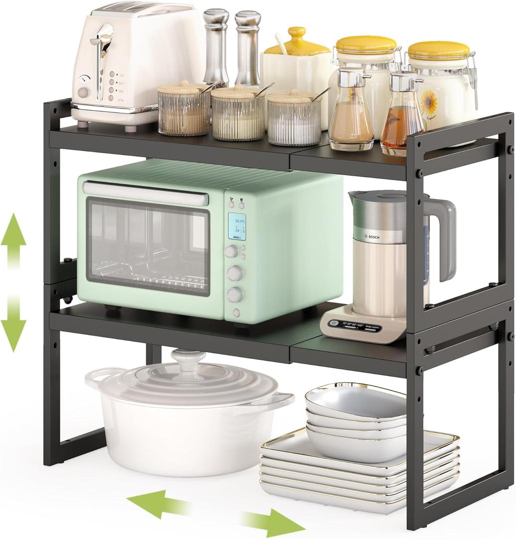 Expandable Kitchen Countertop Organizer, Stackable Cabinet Shelf Organizers, Space Saving Spice Rack Pantry Storage for Bathroom Office Organization (Black, 2 Pack)