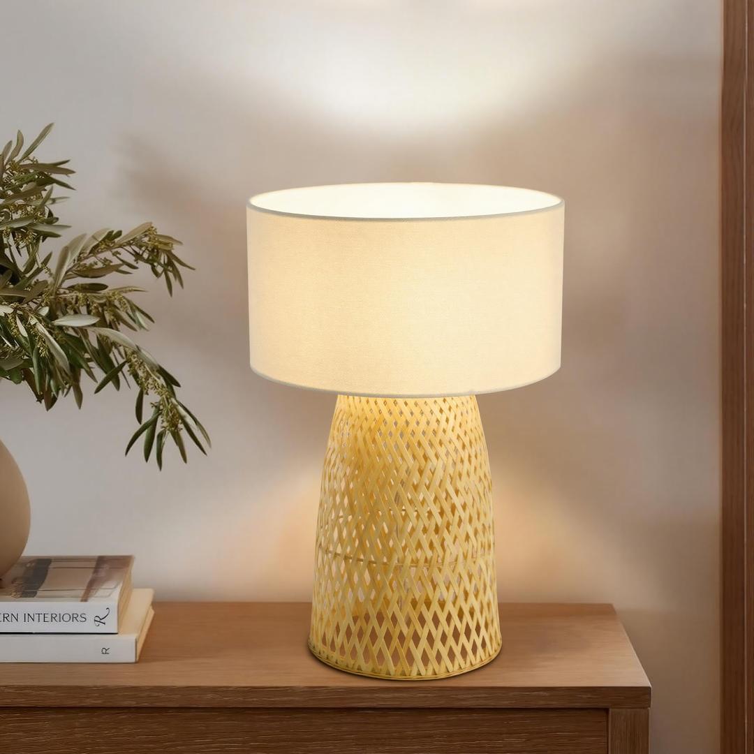 Booniture Boho Bamboo Table Lamp, Handwoven Bedside Lamp with Linen Shade, Small Natural Weave Nightstand Light for Living Room, Tea Room, Desk,White
