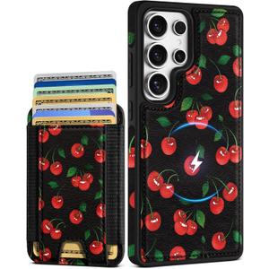 2 x Shorogyt for Samsung Galaxy S25 Ultra Cute Kawaii Leather Phone Case - Compatible with Magsafe Wallet Magnetic Credit Card Holder Fashion Cherry Design Phone Cover for Women Girls, Fits 7 Cards