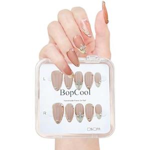 Luxury Handmade false nails，3D Gold French Cross Press-On Nails – Medium Almond Shape False Nails with Rhinestone Embellishments, Elegant Reusable Stick-On Nails(10PCS-M)