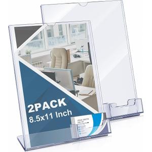 Vicenpal Acrylic Flyer Stand Sign Holder with Business Card Holder 8.5 x 11 Clear Brochure Display Stand with Business Card Pocket for Magazine Pamphlet Booklets Menu Desktop(8 Pcs)