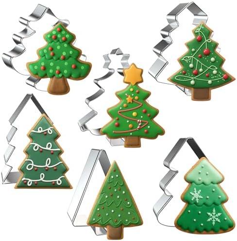 FUSOTO 6PCS Christmas Tree Cookie Cutter Set, Christmas Cookie Cutters, Holiday Shaped Biscuit Molds, Stainless Steel Baking Supplies for Homemade Cookies, Tree