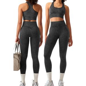 OLCHEE Womens Workout Sets 2 Piece - Acid Wash Seamless Yoga Outfits High Waist Leggings Padded Racerback Sports Bra Gym Set (Large, Black)