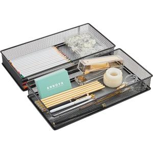2 x Annova Mesh Stackable Drawer Cabinet and Shelf Organizer Bins Storage Basket School Office Supply Holder Tray- Set of 2 (Black, 6x12x2 Inch)