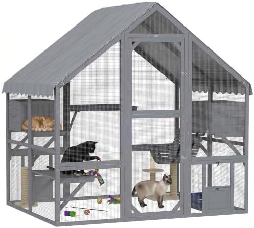 PawHut 73" L Large Catio Outdoor Cat Enclosure for Multiple Kittens Gray | 28 sq.ft Wooden Cat House, Waterproof Cover, Walk in Kitty Cage Kennel, 2 Condos, 4 Platforms, Backyard, Patio