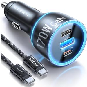 LISEN 170W Car Charger USB C Fast Charging for iPhone 16 Pro Max GaN PD3.1 140W+PD30W Cigarette Lighter Adapter Super Fast Car Charger Type C for Laptop Samsung Galaxy S25 Ultra MacBook Pro iPad Drone