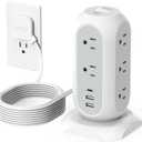 Surge Protector Power Strip Tower 10 Ft, TESSAN Flat Plug Extension Cord with 11 AC Outlets 3 USB Ports (1 USB C), 1050J Protection Charging Station for Home, Office Supplies, Dorm Room Essentials (White)