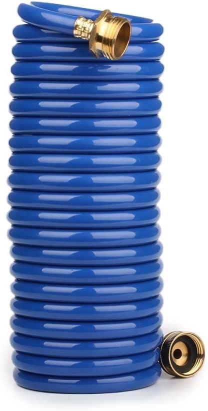 Heavy-Duty EVA Coil Garden Hose with GHT Solid Brass Fittings, Water Hose with Brass Connectors, for Garden Lawn Watering, Car Washing (20FT, Blue)