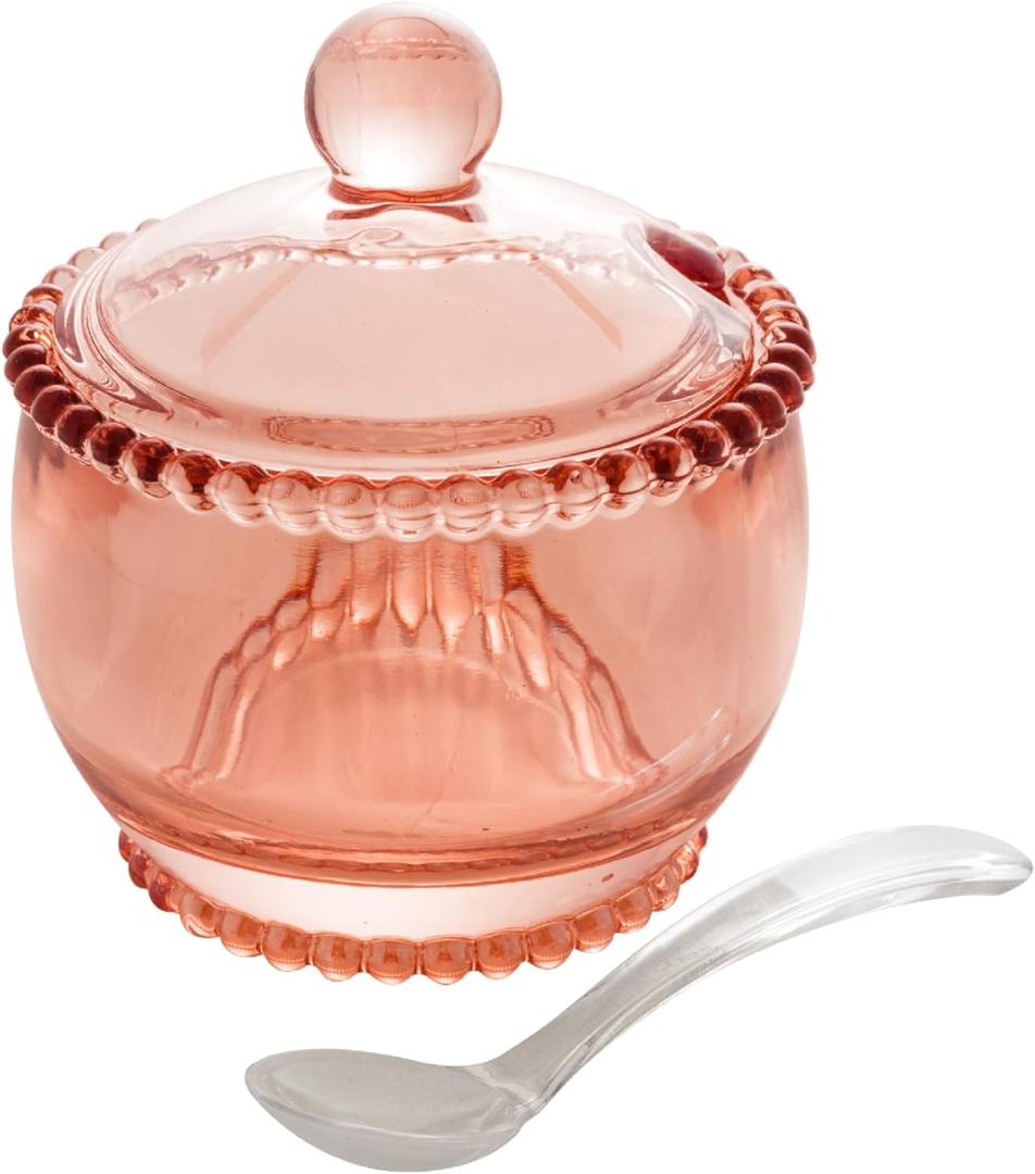 WOLFF - Pearl Crystal Beaded Sugar Bowl with Lid and Spoon - Sugar Holder, Dish for Candy Dispenser, Salt and Condiments Container, Jelly Jar (Pink, Sugar Bowl)