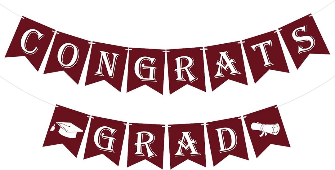 Maroon Graduation Banner Congrats Grad Banner with Graduation Cap Sign (Assembled) - Red Congratulation Grad Garland Party Decorations Supplies to Celebrate the Class of 2025