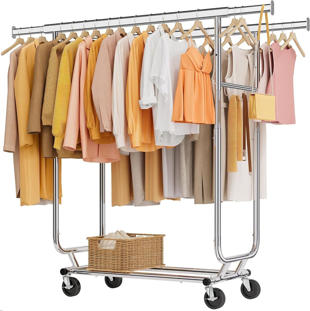 Tajsoon Double Rod Heavy Duty Clothes Rack 480 LBS, Rolling Clothing Rack for Hanging Clothes, Collapsible Clothes Rack with Wheels, Commercial Portable Garment Racks with Shelf, Chrome