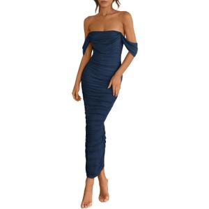 PRETTYGARDEN Womens 2025 Summer Off The Shoulder Dress Ruched Bodycon Sleeveless Split Cocktail Party Maxi Dresses (Medium, Navy)