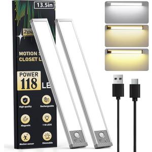 Under Cabinet Lighting 13.5Inch, 3200mAh Under Cabinet Lights Motion Sensor 3 Color, Rechargeable 118LED Magnetic Light Bar Indoor, Wireless Battery Operated Closet Lights for Kitchen Home Stairs,2Pack