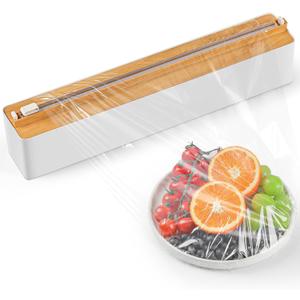 Magnetic Plastic Wrap Dispenser with Cutter - Quasziwa Upgrade Practical Refillable Cling Wrap Aluminum Tin Foil Organizer for Drawer, Include an Extra Roll of 12"X 164' Food Cling Film - Wood Grain (14.17*2.6*2.44 IN)