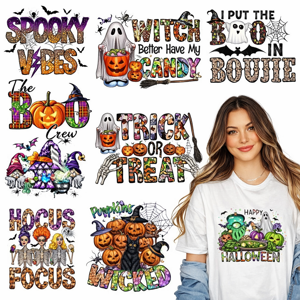Halloween Iron on Transfers, 9 Sheets DTF Transfers Ready to Press Witch Ghost Pumpkin Halloween Heat Transfer Stickers Iron on Decals for T Shirts Hoodie DIY Crafts