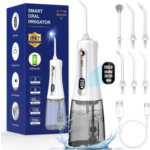 Water Flosser,350ML Water Dental Flosser for Teeth Clean, 5 Modes 6 Jet Tips, LCD Display Cordless Water Flosser, Rechargeable Travel Electric Water Flossers IPX7 Waterproof for Teeth Cleaning (Brilliant White)