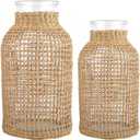 DOITOOL Glass Flower Vase With Rattan Cover, Round Decorative Woven Seagrass Farmhouse Floral Container for Arrangement Table Centerpiece Decor (Size S+L)
