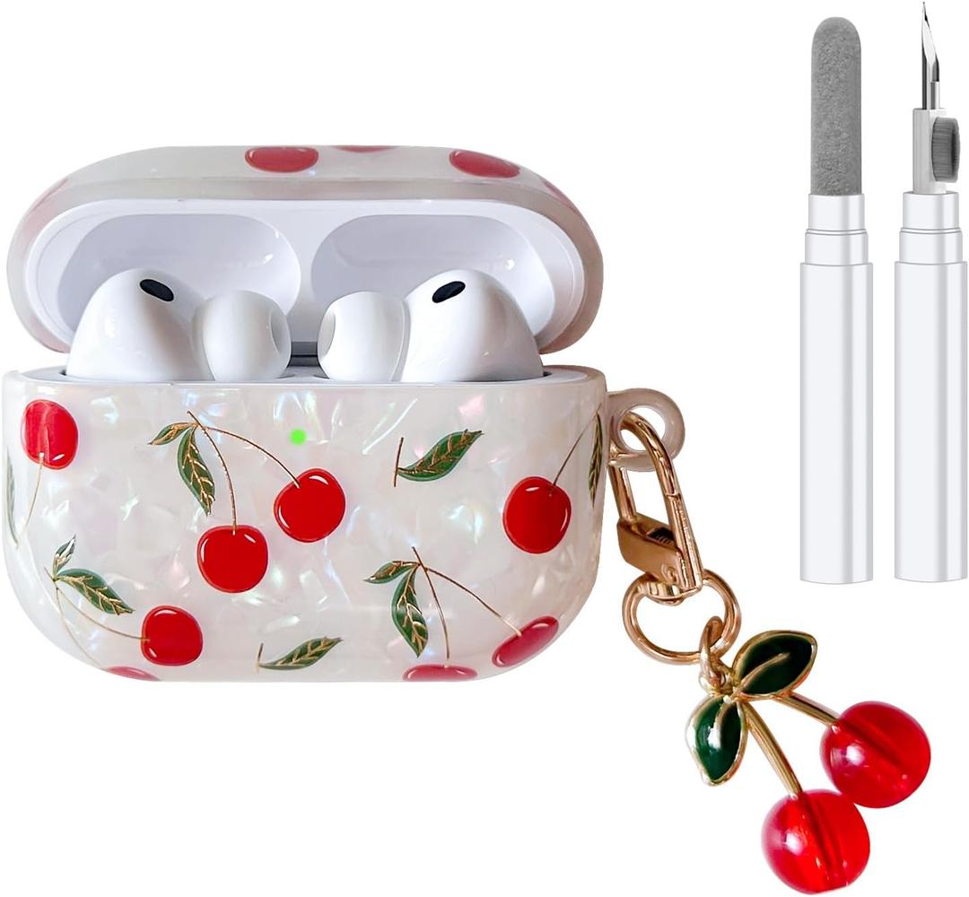 Compatible with AirPods Pro 3 Case, Cute Pretty Aesthetic AirPod Pro 3 Case Cover with Cherry Keychain, Premium TPU Protective Shockproof Case for Women Girl