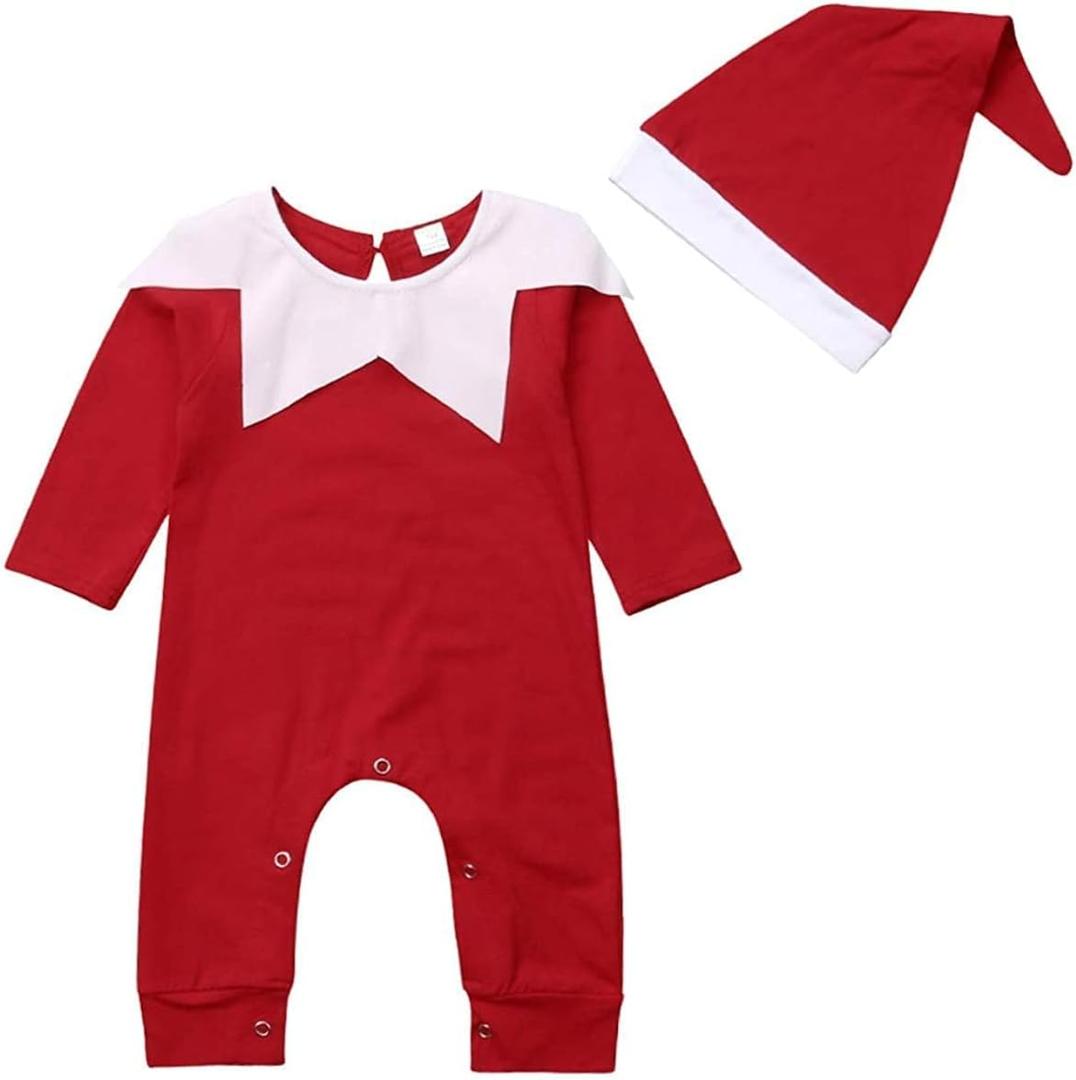 Newborn Baby My First Christmas Outfit Boy Girl Elf Santa Claus Costumes Long Sleeve Romper Jumpsuit with Hat Set (12-18 Months)