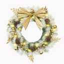 Christmas Wreath 16 Inch Green Artificial Front Door Wreath with Pine Cones Berries Balls LED Fairy Light Decorations for Fireplace Outdoor Indoor Party Wall Home Decor (Gold)